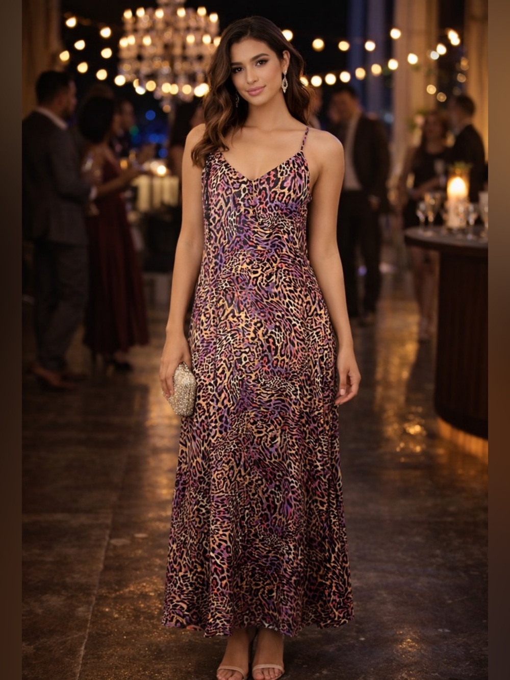 Nicole Miller leopard print satin‎ flowy boho maxi dress Brown pink sz M